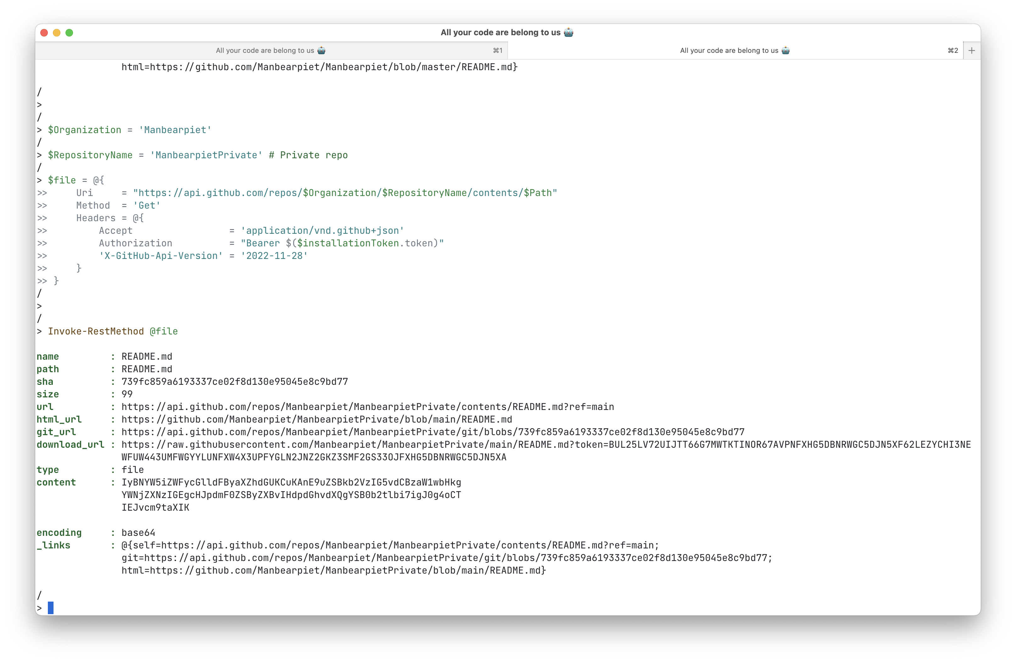 A successful get of the repository content using the Azure Key Vault Signed JWT